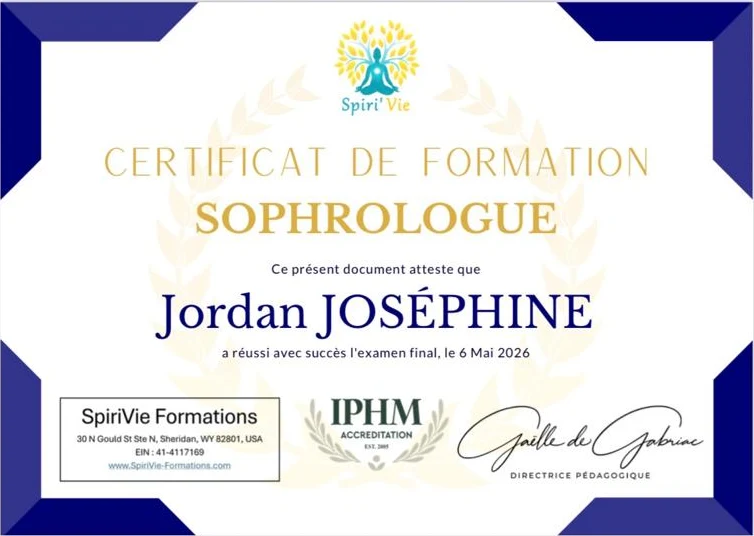 Certificat de formation de sophrologue de Jordan Joséphine, Spiri'Vie, examen final réussi le 6 mai 2026